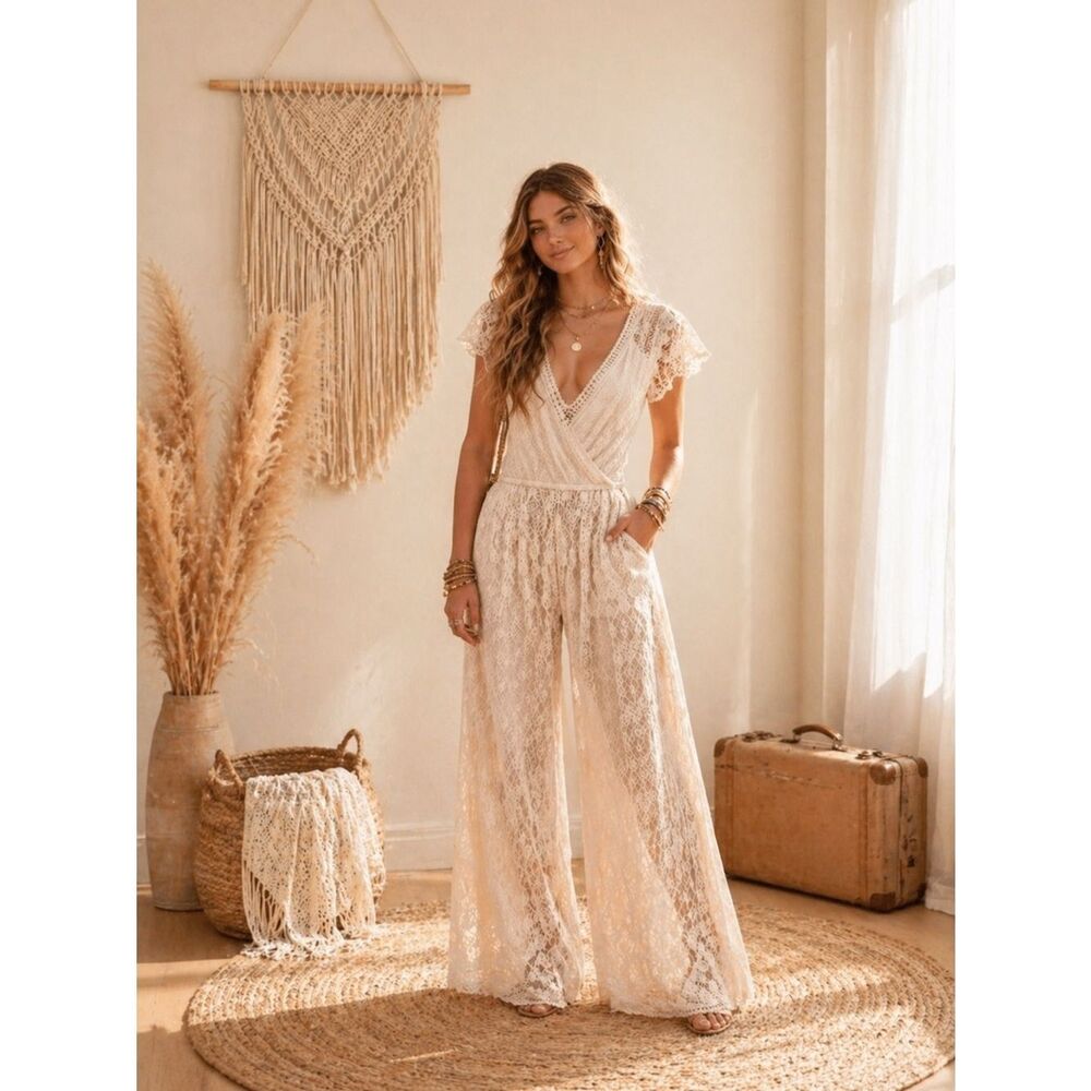 Jen's Pirate Booty Boho Chic White Crochet Wrap Jumpsuit perfect for a festival - Picture 1 of 5